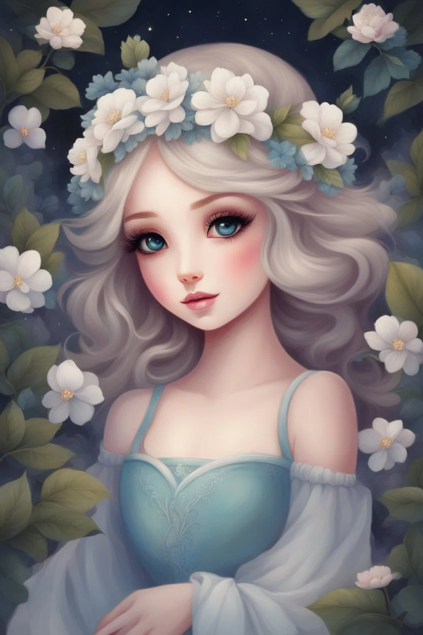 Painting of a beautiful girl, beautiful, flowers on her head, dress, young girl, digital painting, fantasy art, pretty face, inspired by Jeremiah Ketner, illustration, anime portrait, barbie face, big eyes, bright eyes, dream, trees, white background, dark night, song, white background, fantasy, high quality, 8k