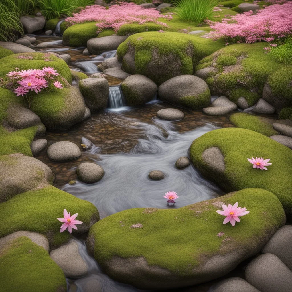 Round pond with lots of water, moss-covered stones all around and the water has a delicate pink shimmer, a few delicate pink flowers on the stones and a small waterfall