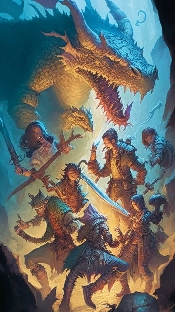 rpg cover with a group of adventurers fighting a dragon