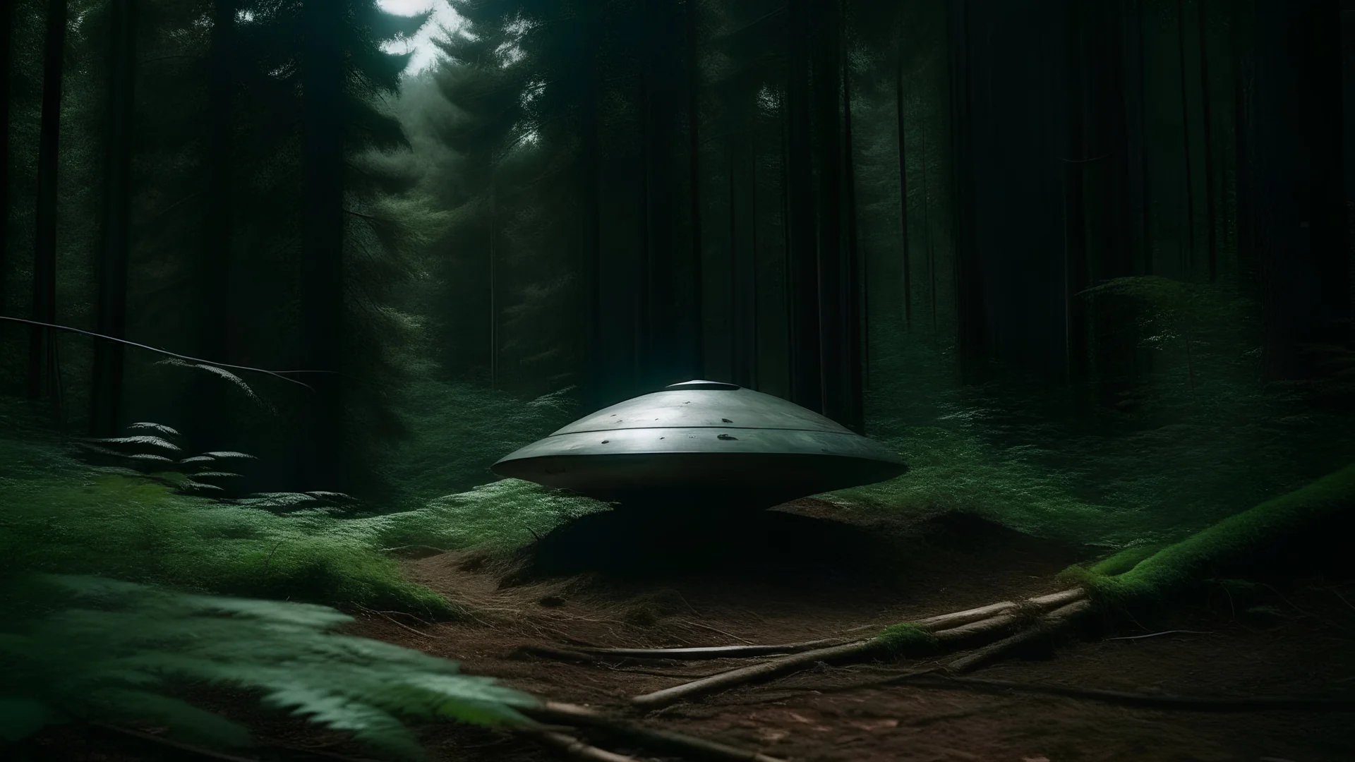a bell-shaped ufo with a metal surface buried in the ground in the middle of the forest