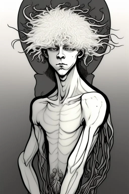 albino young male wizard with third arm extra eyes tendril hair in the style of aubrey beardsley