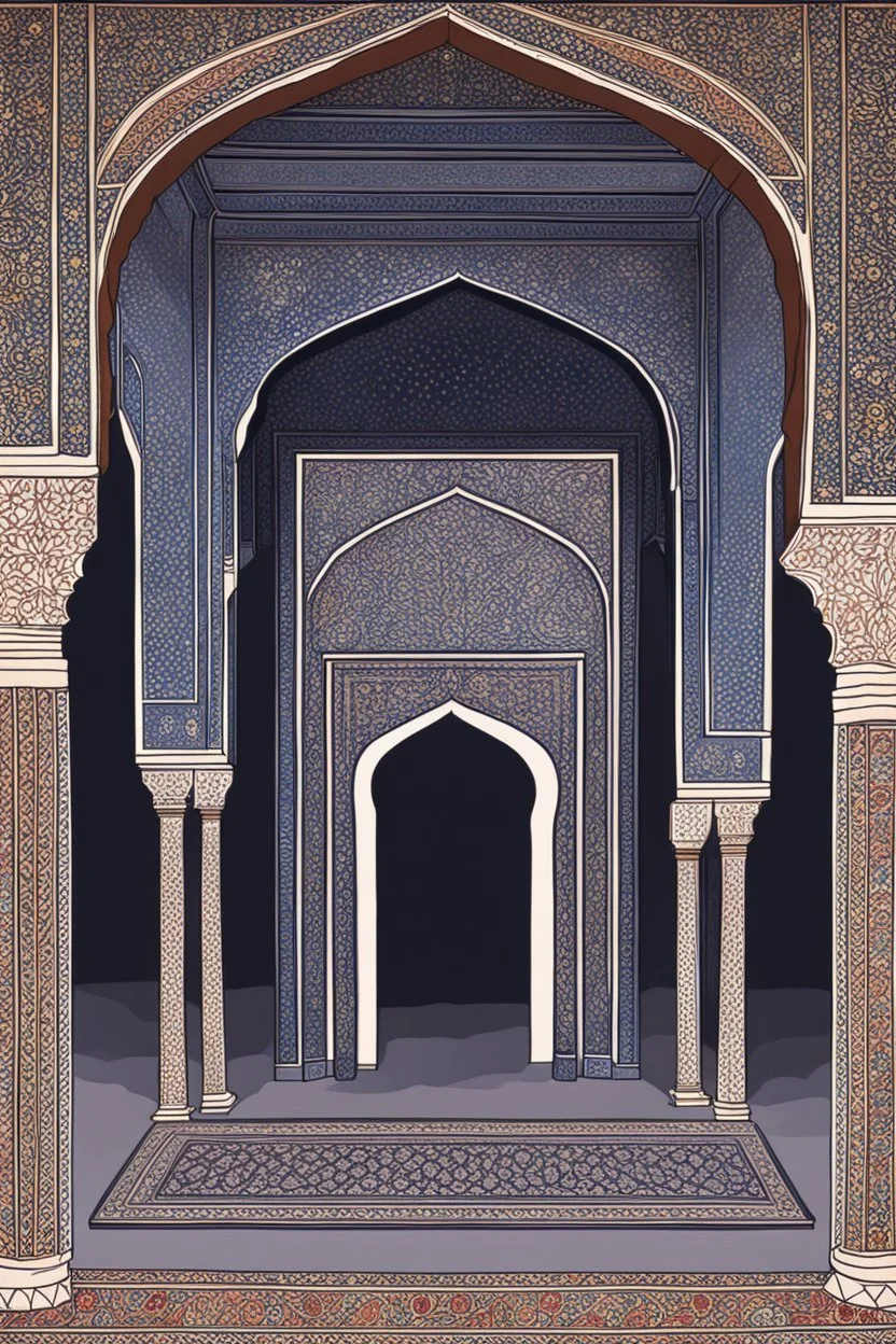 inside a Mughal mosque at night, by artist "Ingrid Umber", by artist "Sienna Lamberts"