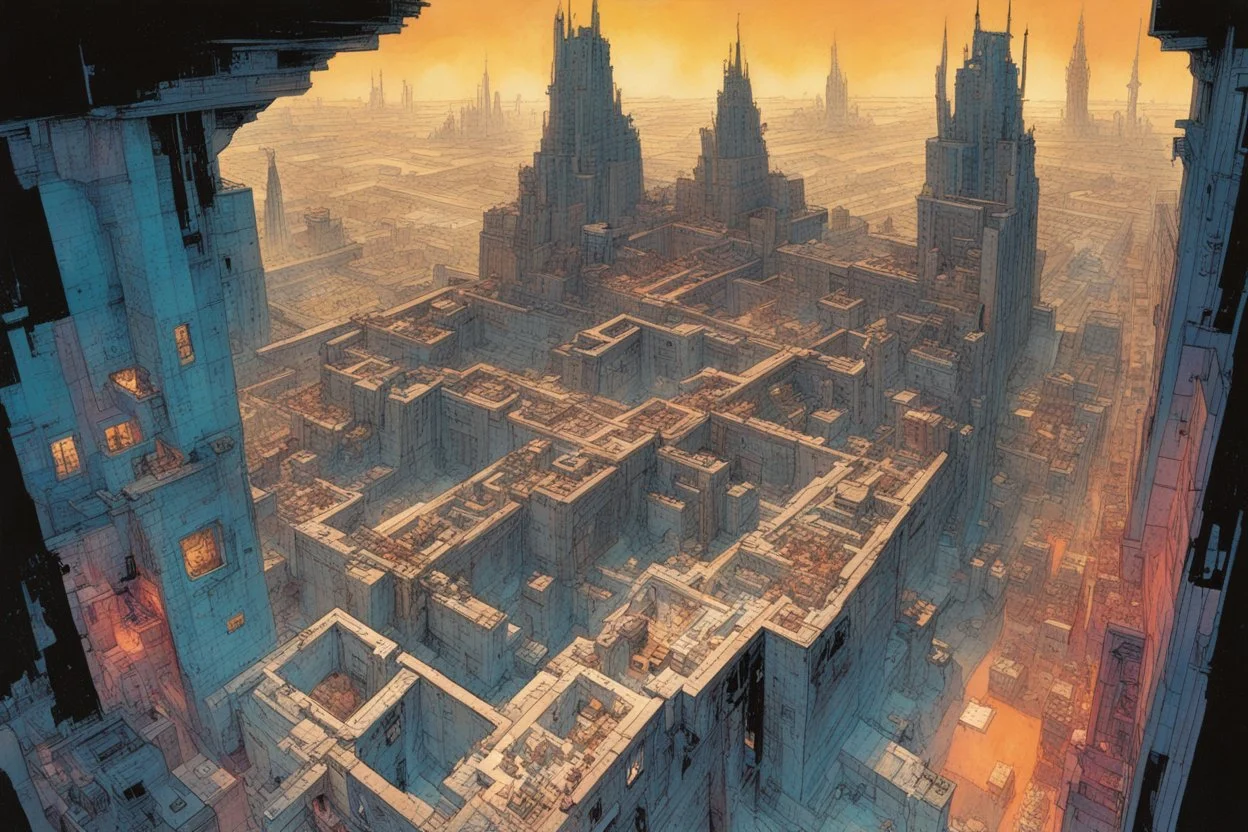 create a wildly imaginative illustration of an ethereal, otherworldly , vibrant and thriving, maze like antediluvian metropolis, in the comic book art style of Bill Sienkiewicz, Mike Mignola, and Jean Giraud Moebius, highly detailed , finely drawn, colored and inked, suffused with dramatic natural light and shadow