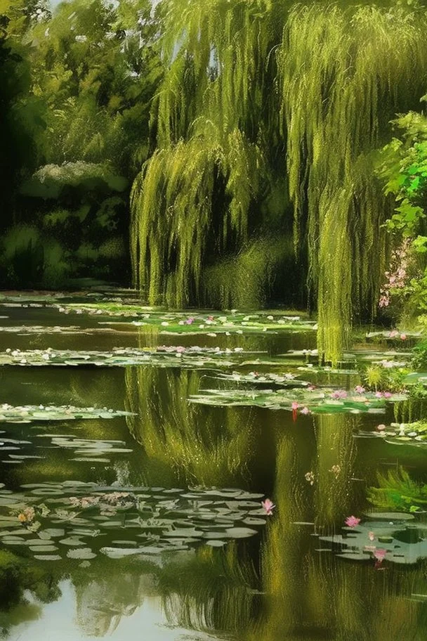 A beautiful classical painting of a cute pond with willows