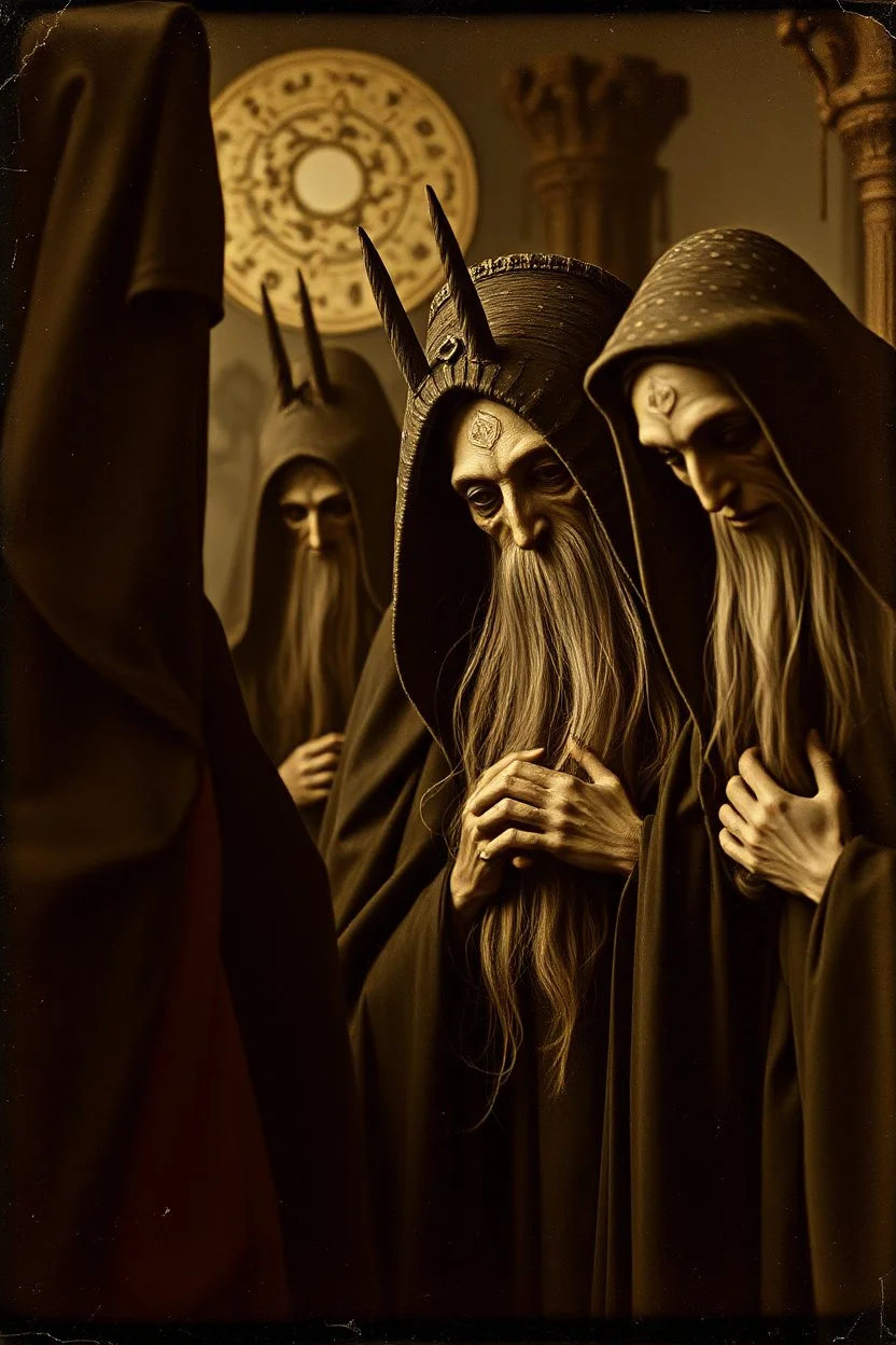 Daguerrotype close up some mysterious figures, odd background, Hieronymus Bosch, ambient light, by Minicavio Quollati and Marlost Endgulp, Amano, Botticelli, Alphonse Mucha