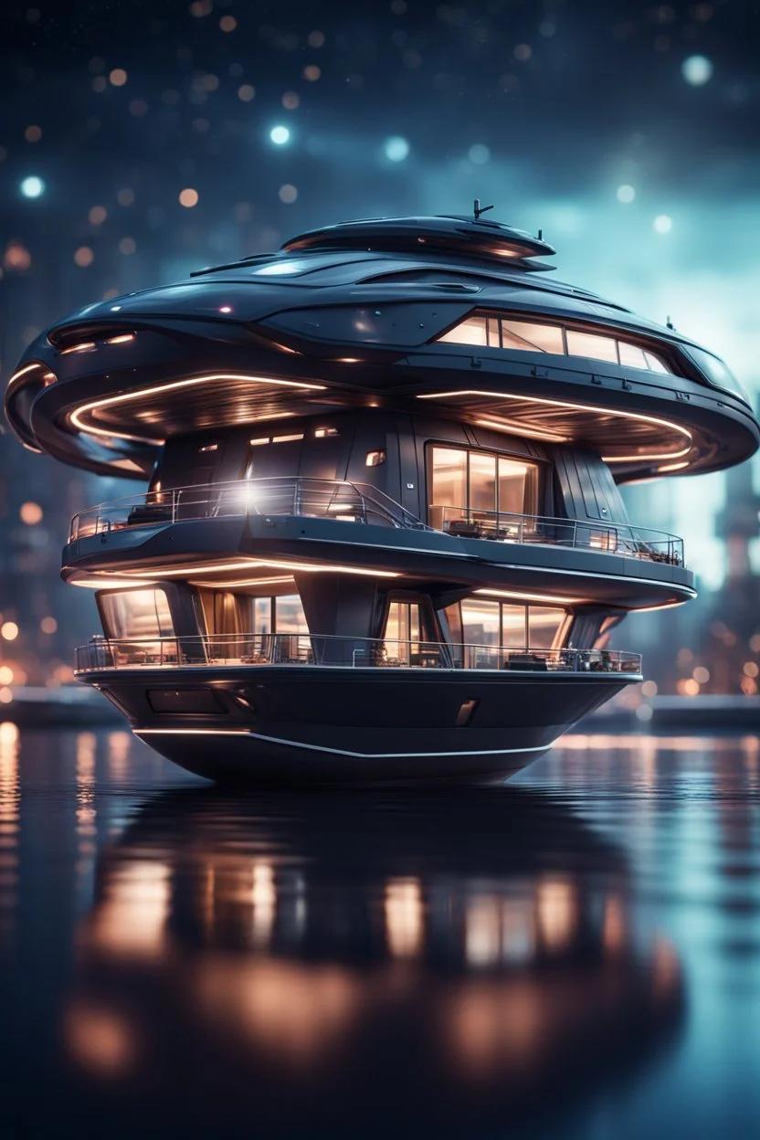 modular house boat that looks like a dark twisted alien space ship in advanced hi tech dock, bokeh like f/0.8, tilt-shift lens 8k, high detail, smooth render, down-light, unreal engine, prize winning