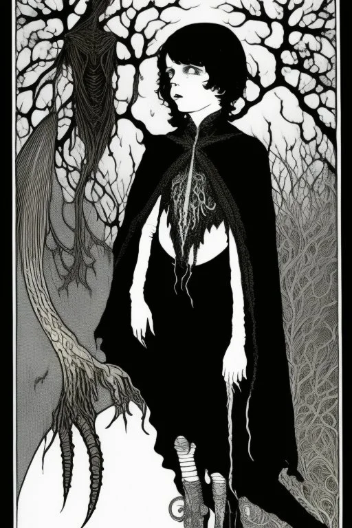 7 year old boy, necromancer, friendly, looks dead,with a long lamprey emerging from his belly , wearing black robes, in the style of Harry Clarke