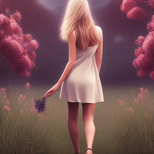 woman, blonde, flower field, sunset, back view, plain light brown dress, windy, flower in hand