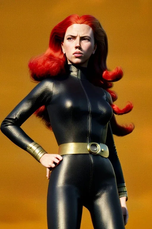 retro portrait image from 1960, sky background, wind, long red hair, fighting stance, sweet young Scarlett Johansson, black dress, classic long tight lycra black suit, gold bracelet and belt, high heel boots, superhero style, soft color, highly detailed, unreal engine 5, ray tracing, RTX, lumen lighting, ultra detail, volumetric lighting, 3d, finely drawn, high definition, high resolution.