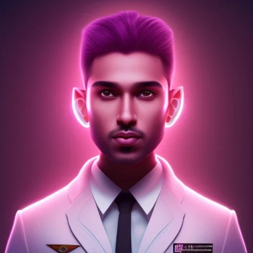 Cute indian boy face , Sci-fi character, orange backlight, pink and purple, scifi suit, profile, purple background, pink lighting