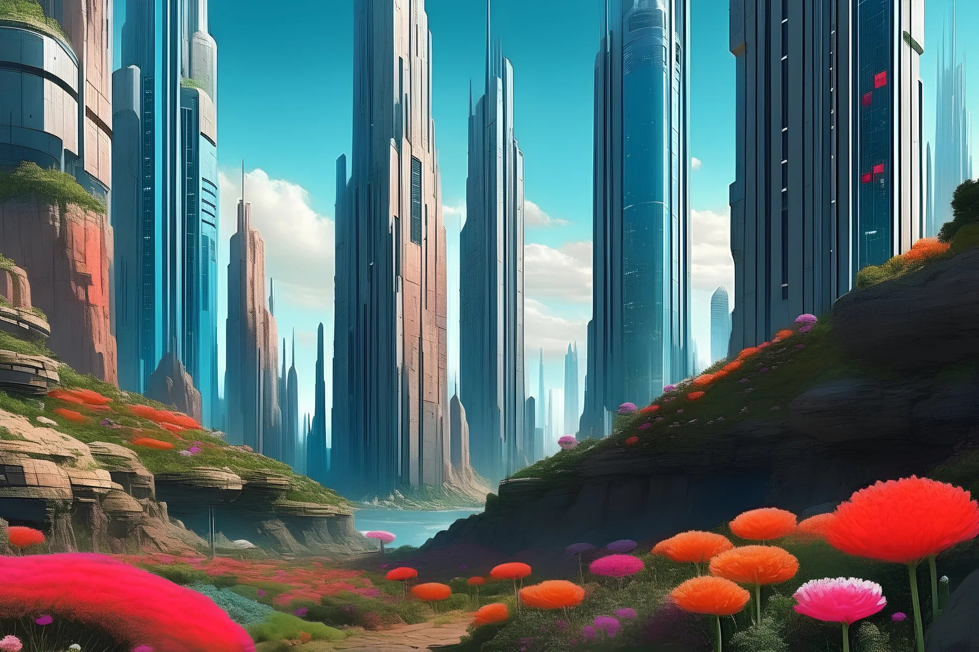 city, sci-fi, flowers, rocks, retrofuturism influence