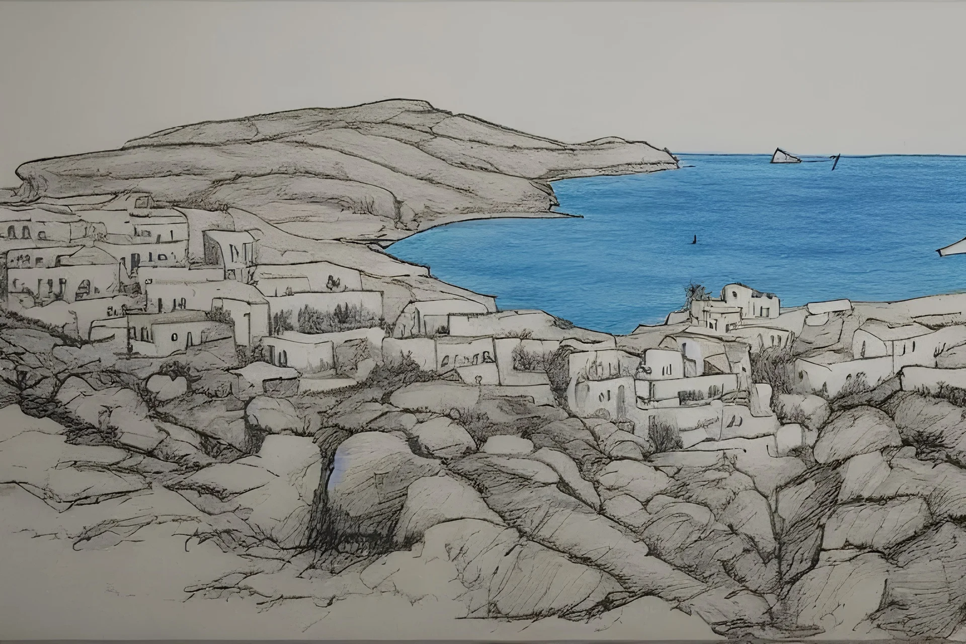 dessin d'un village sur une île des Cyclades