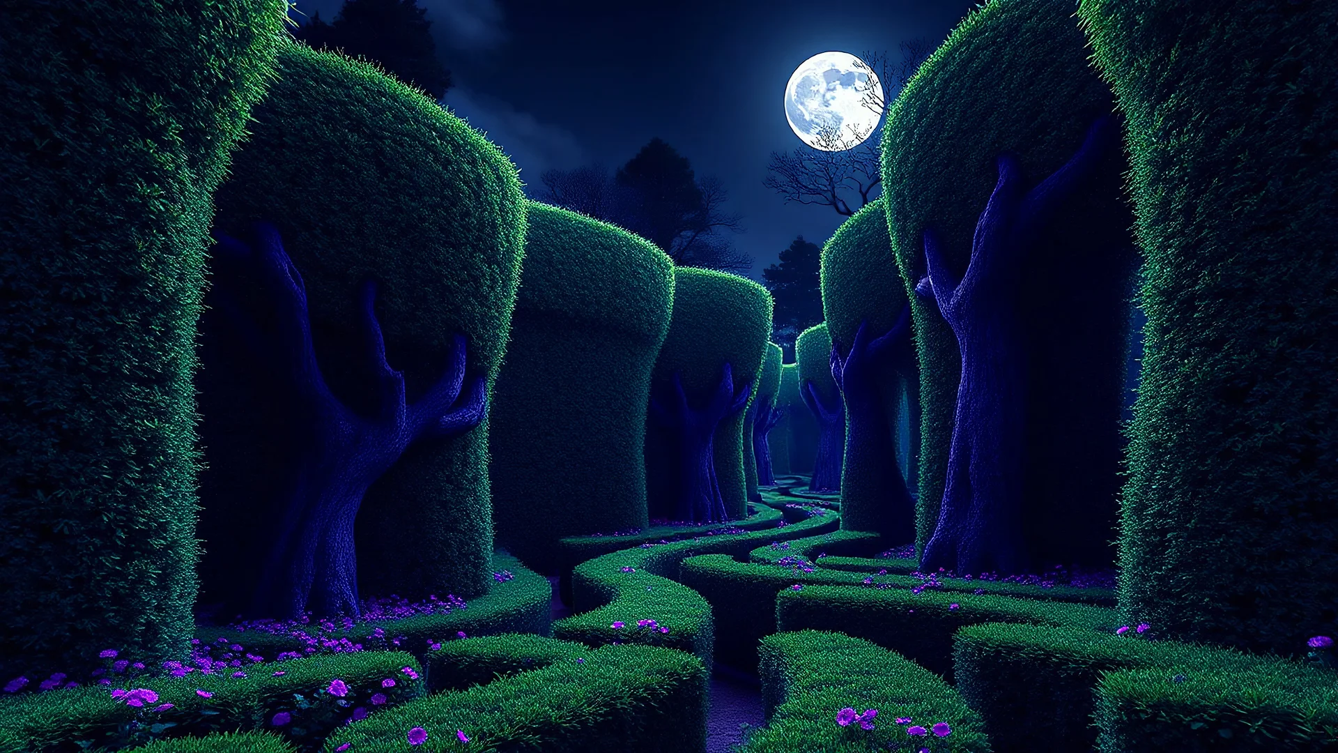 large tall green hedge maze, purple twisted trees, full moon, trees, flowers, night, 8k, high quality, trending art, trending on artstation, sharp focus, studio photo, intricate details, highly detailed, by tim burton