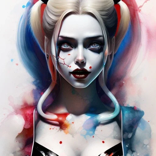 Harley Quinn in a bottle, watercolor illustration by <agnes cecile> <Yoji Shinkawa>