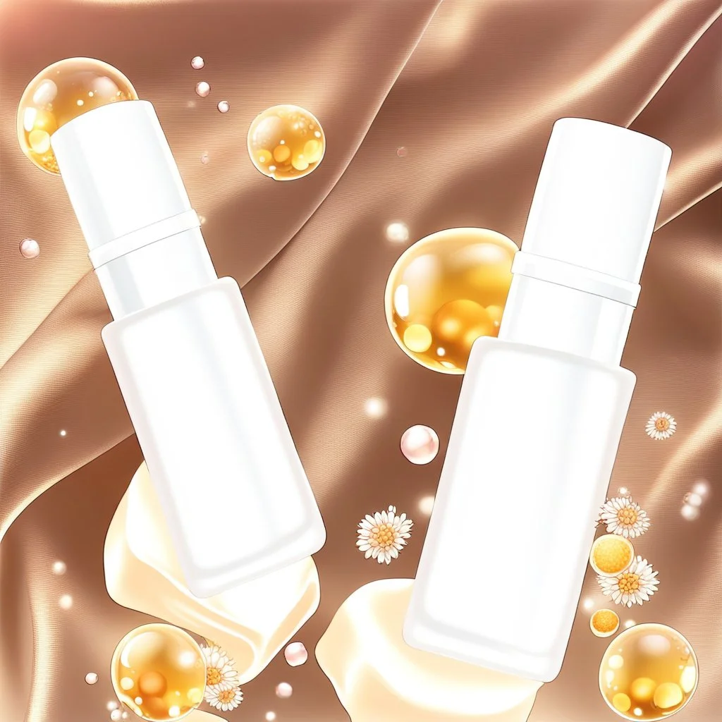 two cosmetics bottles are on a silk fabric, behind a beautiful floral spring floral background, the picture is top view, in the background there are beautiful soap bubbles, molecules and honeycombs, high-quality picture, top view