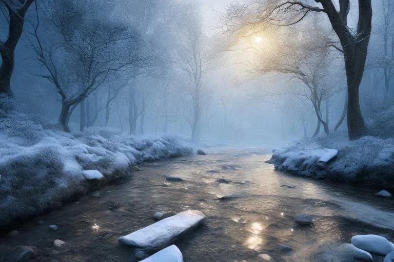  winter stone path lit river