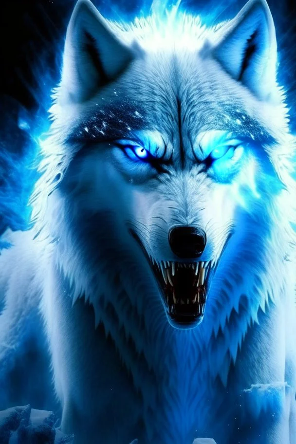 demonic winter white gagantuan wolf beast angry glowing eyes breathing ice blue fire