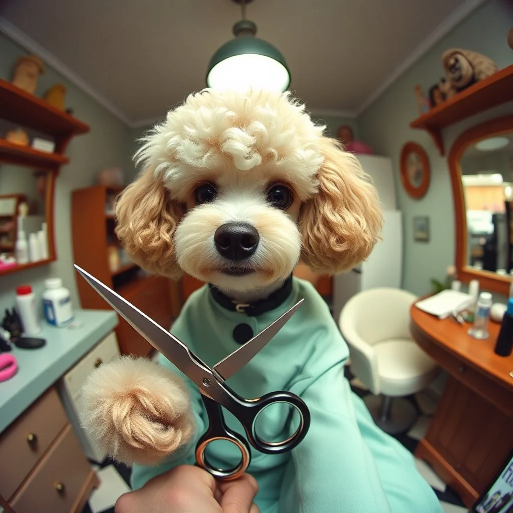 photograph by a GoPro hero 11, POV, anthropomorphic poodle hairdresser holding scissors cutting hair in a quaint small salon,