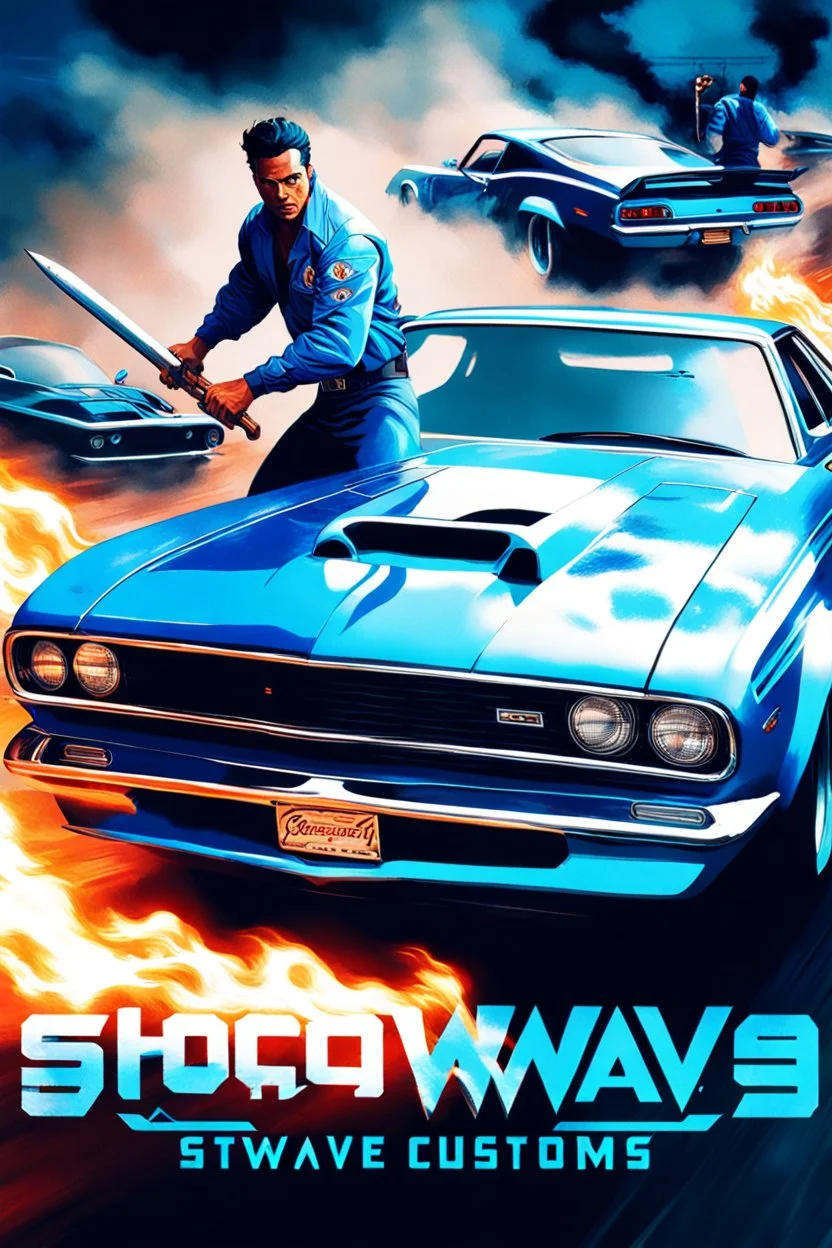 "Design a 90s-style action movie poster titled 'Shockwave Customs' with a blue theme and blue flames. Feature a super heroic mechanic in the foreground, fiercely battling thousands of adversaries with a spanner. In the background, show cars doing burnouts, creating a dynamic and intense scene. Capture the high-energy, gritty aesthetic of classic 90s action films. Prominently display the subtitle 'mmechanic negotiator' in bold, impactful lettering."