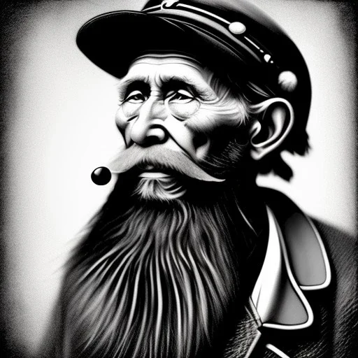 pencil Black and white Portrait of old fishermen sitting on a chair ,long beard, tobacco pipe,wearing a captian hat, fantasy 8k by Van Gogh