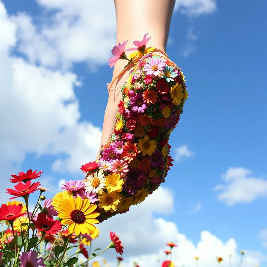 beautiful heels full flowers colorfull ,blue sky pretty clouds ,some strange flowers with hear sighn