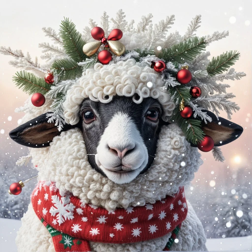 festive Whimiscial sheep in snow, with lights dressed for Christmas in holiday sweater