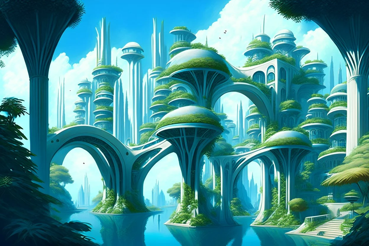 A futuristic alien city, with balconies, verandas, many arches, bridges, spires, paths, trees, dense foliage, Spanish moss, ivy, river, blue sky, white clouds