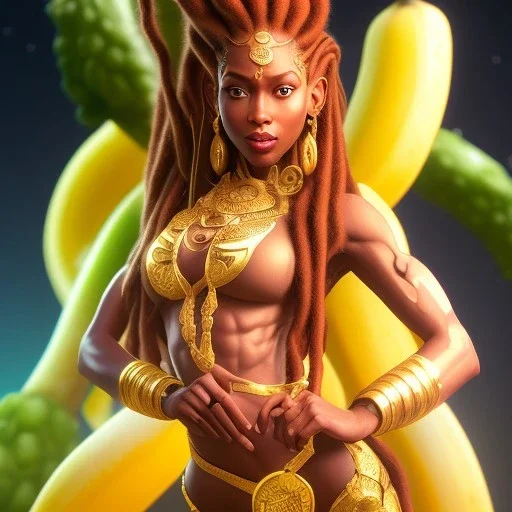 dhalsim as woman with dreads,big pile of bananas,small hands, maze background , levitated lab equipment, 4k, Highly Detailed, Masterpiece, perfect eyes, Digital Illustration, Cinematic Lighting, Realistic, Sharp Focus, Centered, Beautifully Lit, Bioluminescent by Stanley Artgerm Lau