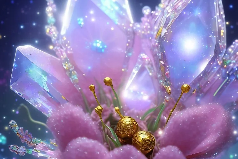 one big crystal subtle flower in a galactic ambiance of the sky, transparent petals, delicate colors, in the foreground, with a little beautiful fairy, full of details, smooth, bright sunshine，soft light atmosphere, light effect，vaporwave colorful, concept art, smooth, extremely sharp detail, finely tuned detail, ultra high definition, 8 k, unreal engine 5, ultra sharp focus