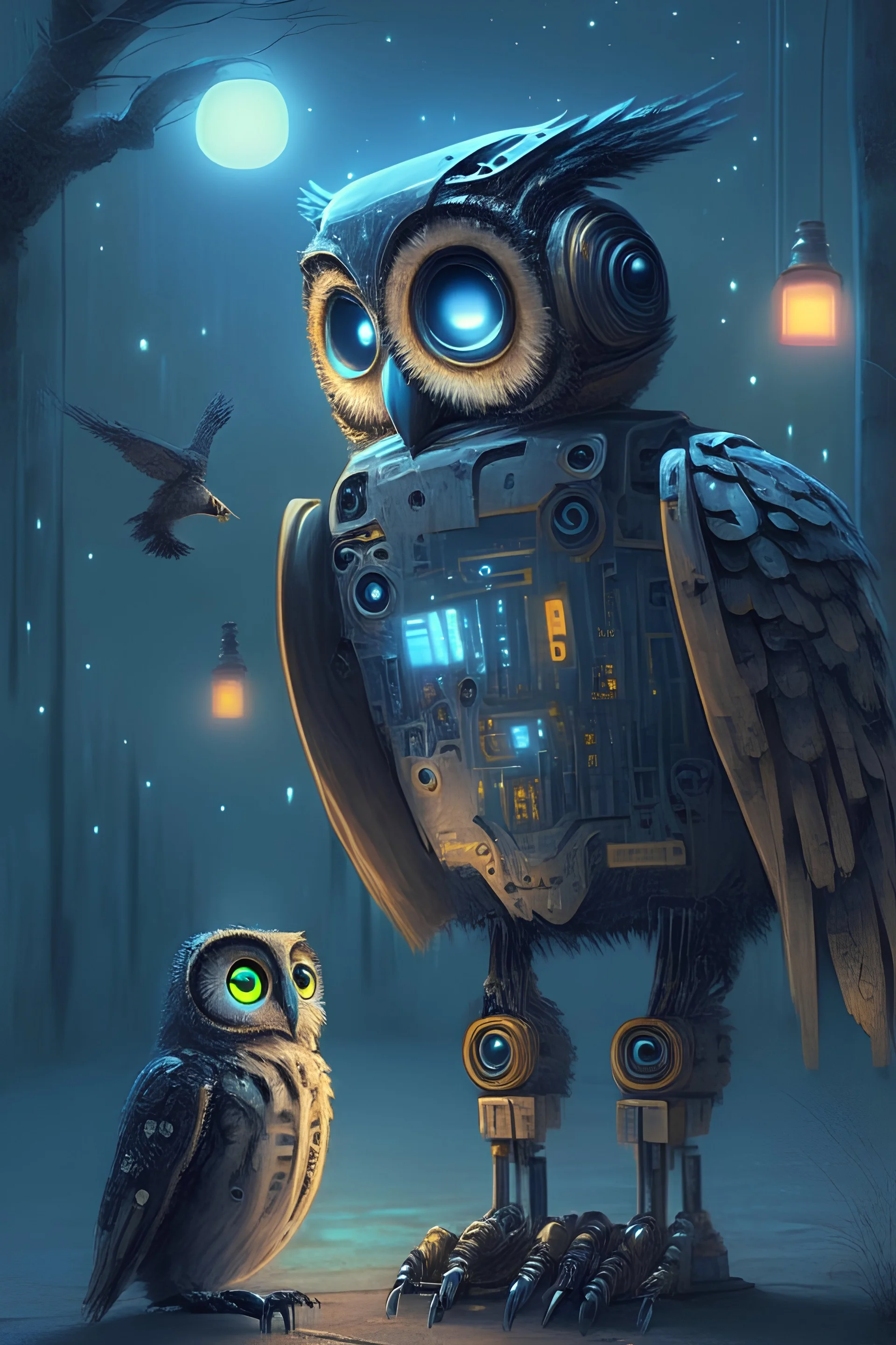 I want a robot and a Nightowl and artificial intelligence combined in one image.