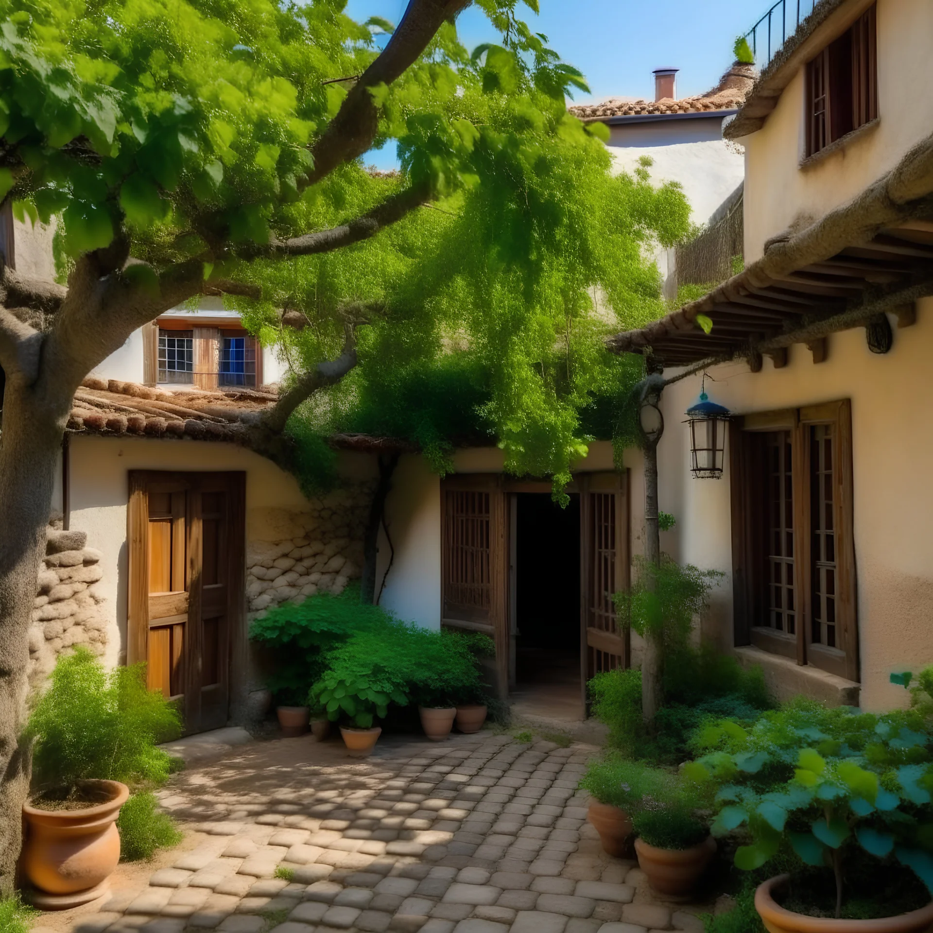 A grape tree courtyard of an old house