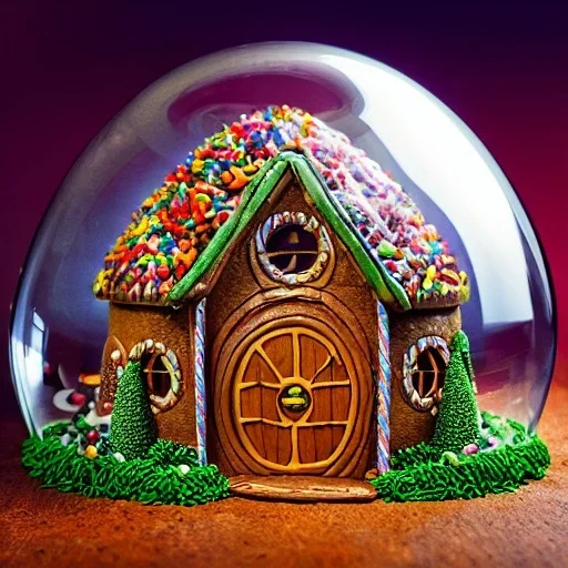 an intricate hobbit-style gingerbread house under a glass dome, rainbow sprinkles, frosting, 8k resolution, centered, high-quality, ultrafine-detail, digital art, flickering light, detailed matte, volumetric lighting, illustration, 3D octane render, brian froud, howard lyon, ben goossens, George Grie, greg rutowski, alphonse mucha