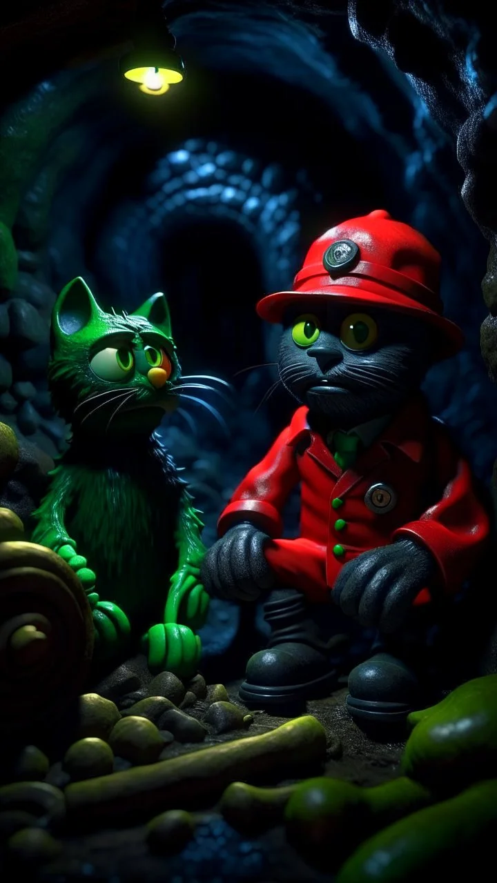 Halloween portrait of Cthulhu postman pat and his creepy cat, full moon, in dark sewer cave, down-light, shot on Hasselblad h6d-400c, zeiss prime lens, bokeh like f/0.8, tilt-shift lens 8k, high detail, smooth render, down-light, unreal engine, prize winning