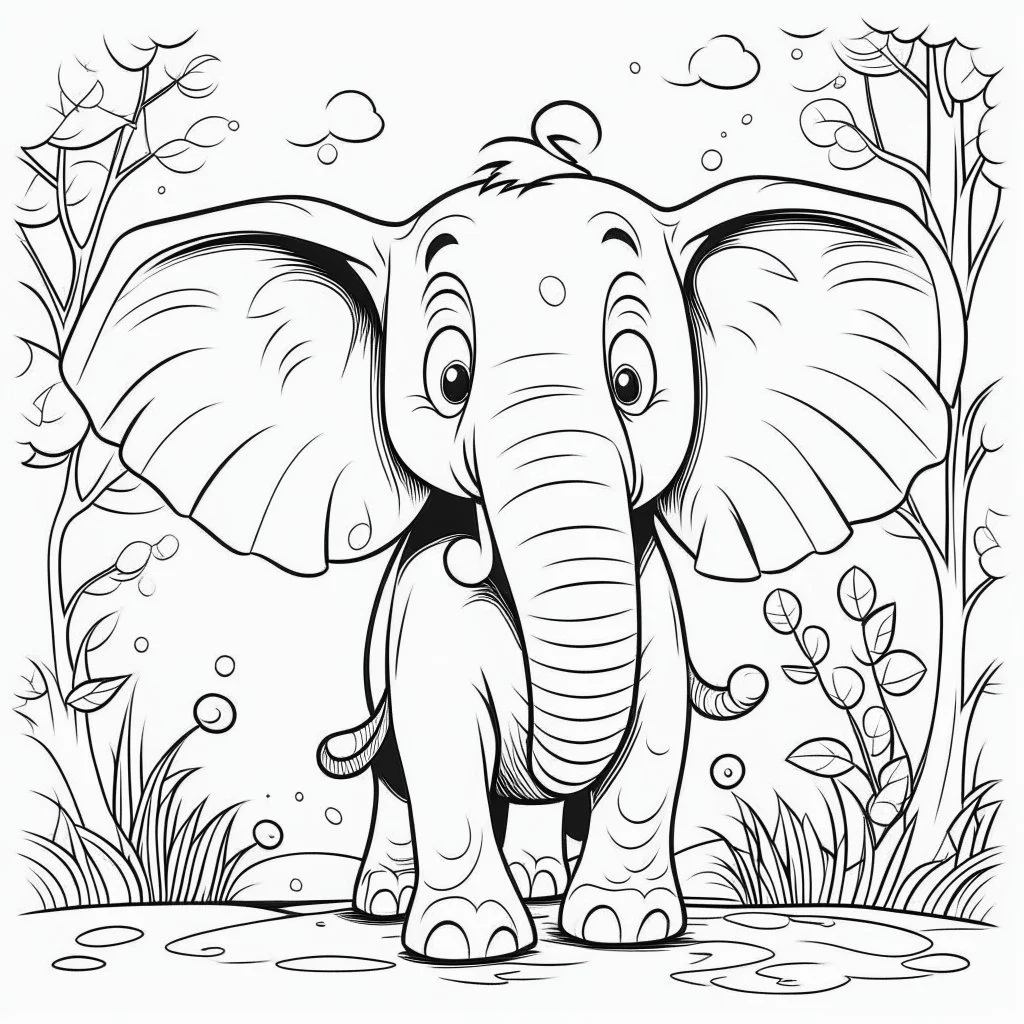 cartoon illustration, coloring book page, happy elephant, nature, black and white, clean