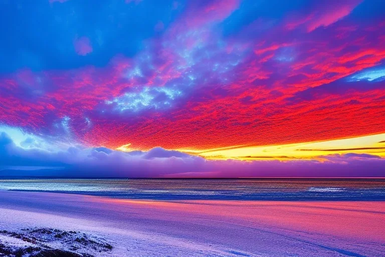 Brilliant sunset at a snow covered icy Beach and the city of Honolulu Hawaii covered in winter snow and ice at sunset, alcohol inks, dazzling wet bright colors, winter wonderland