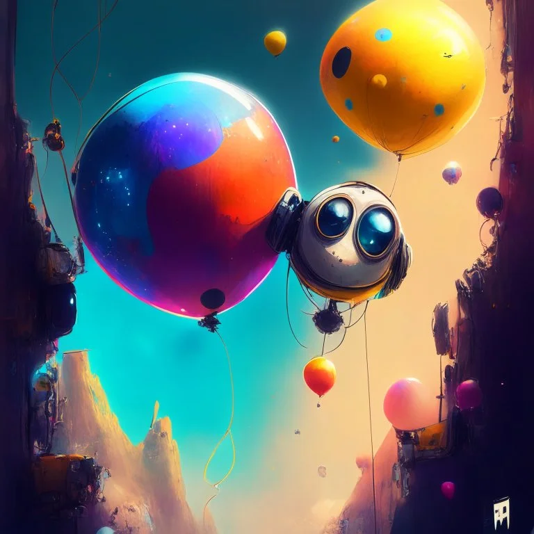 Wall-E, digital art, anime, 4k, full details, high resolution, colorful, alone,space balloons, cinematic