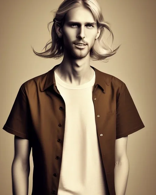 a tall guy who is skinny and scrawny with blond hair and blond beard. his hair is to the left side and he wears glasses. he is wearing a white t-shirt, black jeans and has straight teeth and brown shoes