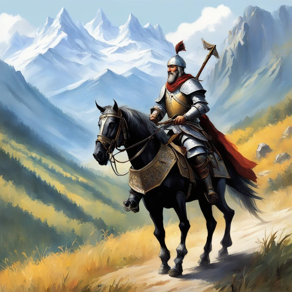 Don Quixote, clad in his worn armor, embarks on a journey towards the majestic Alps. As they traverse the rugged terrain, Don Quixote brandishes his tourney lance with a sense of noble purpose, ready to conquer imaginary giants and vanquish unseen foes.