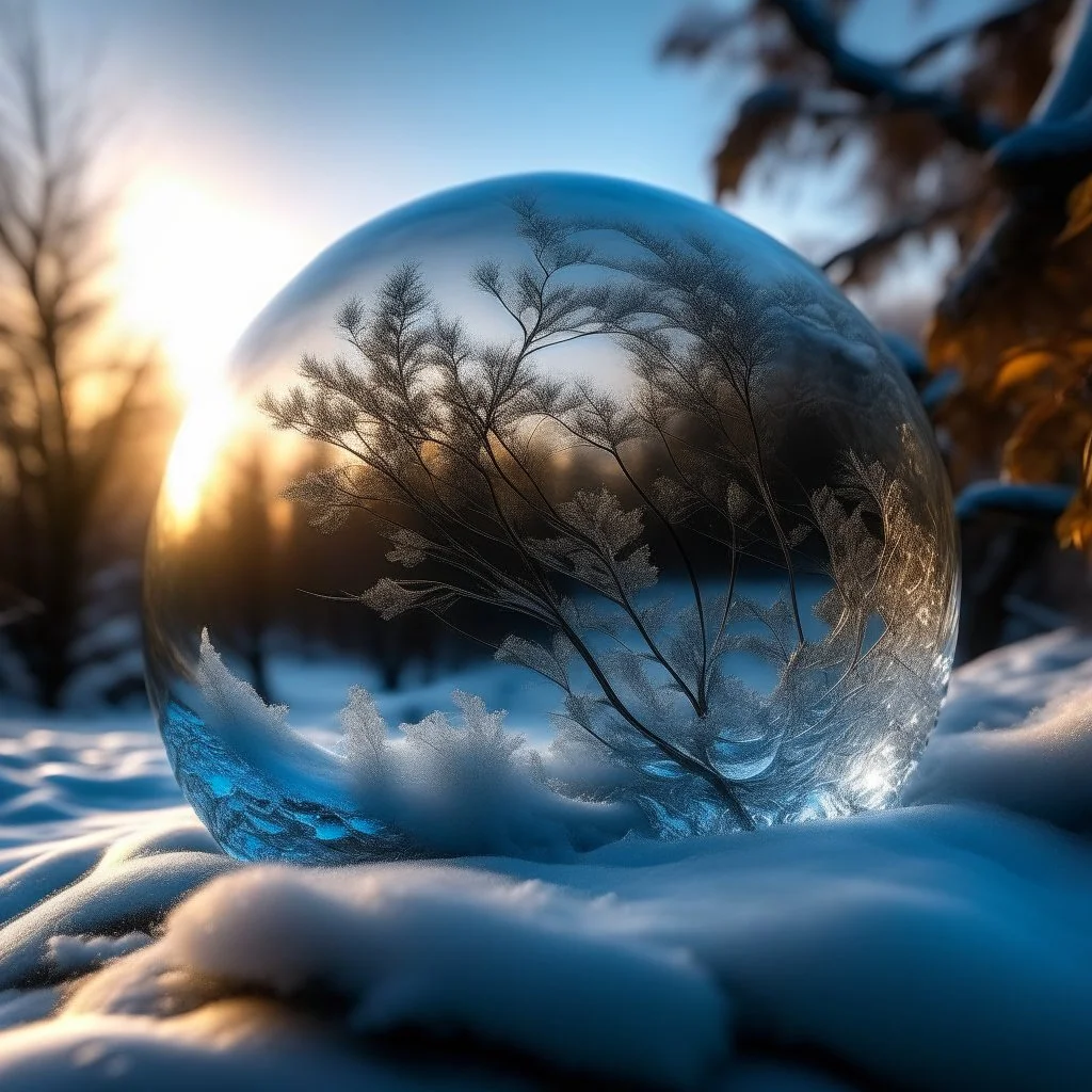 Beautiful frozen bubble. Fractals and ice crystals is frosen in the bubble. snowy landscabe witht trees topped with snow