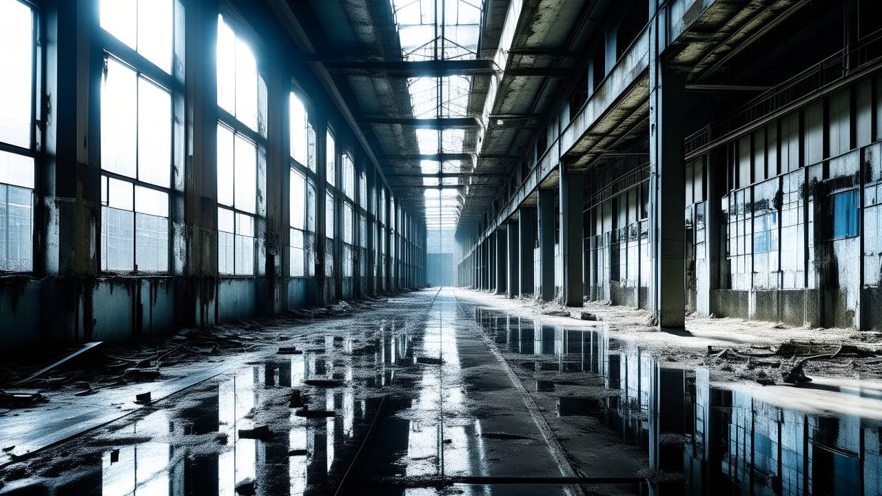 Nave infinita de la Packard Plant, Detroit, columnas repetidas, cristales rotos filtrando luz azulada, charcos secos; en estética industrial de tinta negra y aguadas frías.