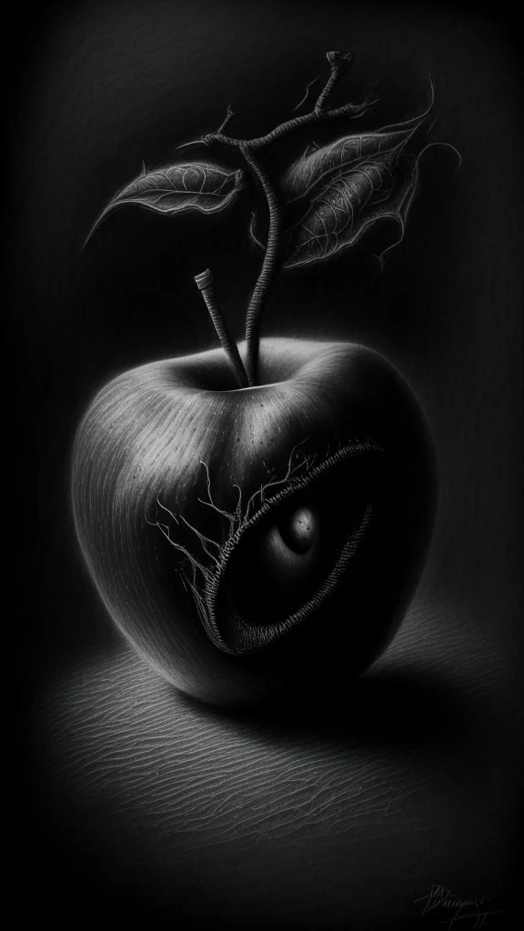 pencil drawing of poison apple. Spooky, scary, halloween, realistic, black paper