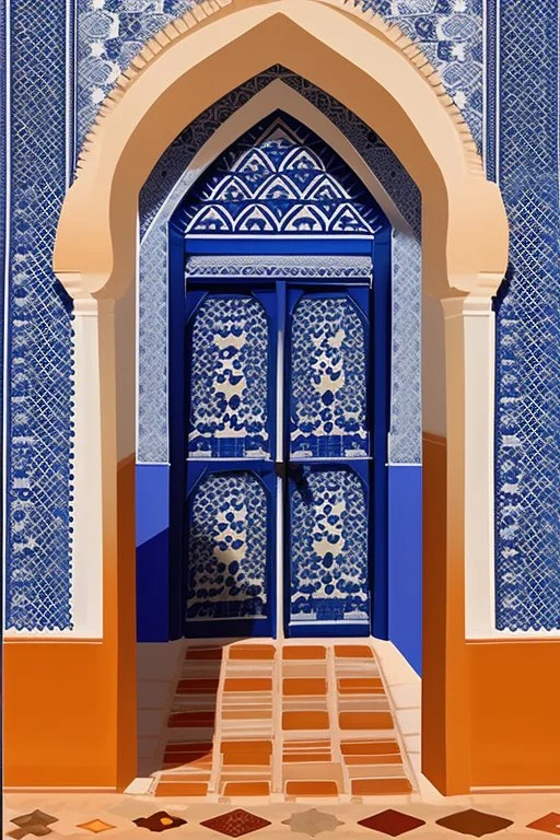 An open gothic_arab doorway in a tiled blue wall with a view of a desert landscape