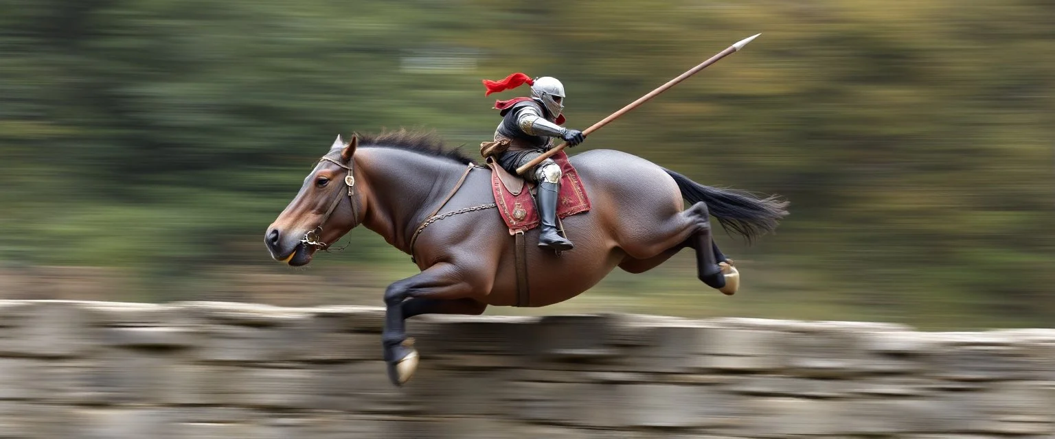 fast horse hippo hog jumping a wall with knight rider and lance, motion blurred background