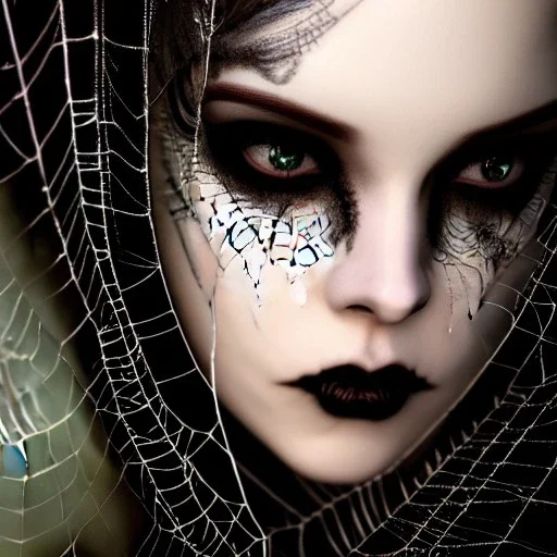 beautiful gothic woman with thick spiderwebs on face, dark, runny mascara, 8k, high-quality, fine-detail, black hair, intricate, sharp, crisp, digital art, detailed matte, illustration, octane render, brian froud, howard lyon, Anne Dittman, Anne Stokes, Lisa Parker, Selina French