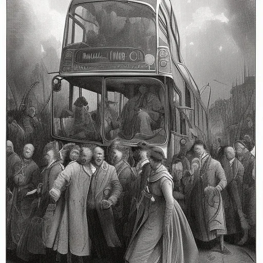 people riding a bus, Gustave Doré black and white illustration