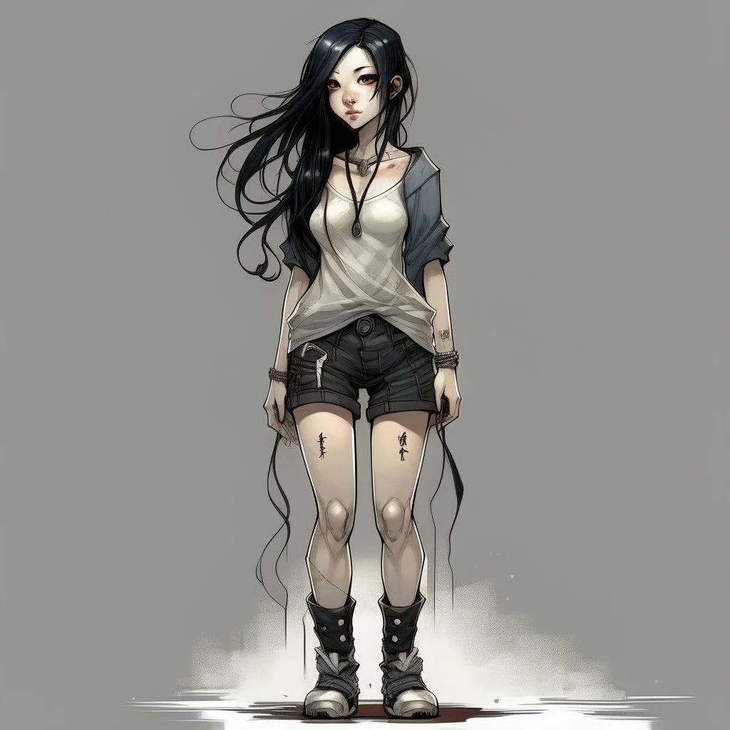 pretty girl, aged 15, black hair, dystopia, athletic, full length