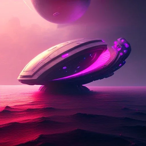 3d render, Rectangle huge Mothership over the sea ridley scott style, high details, high contrast, long explosure, hyper realistic, color pink grading, bokeh, rectangle background, unreal engine 5, 8k