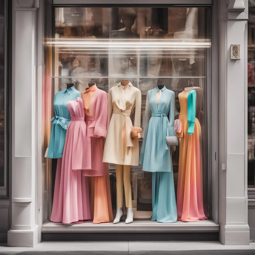 A shop window with women's fashion all bright and delicate colors