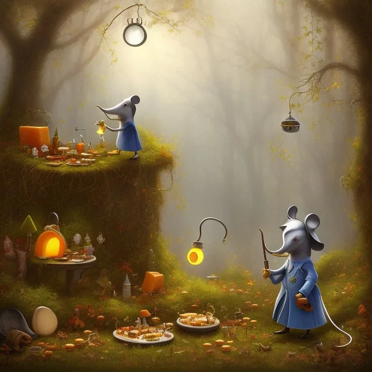 A Plague Doctor (AND) a Mouse having a port & cheese party in a forest of mushrooms by a river, art by Pixar and Dreamworks