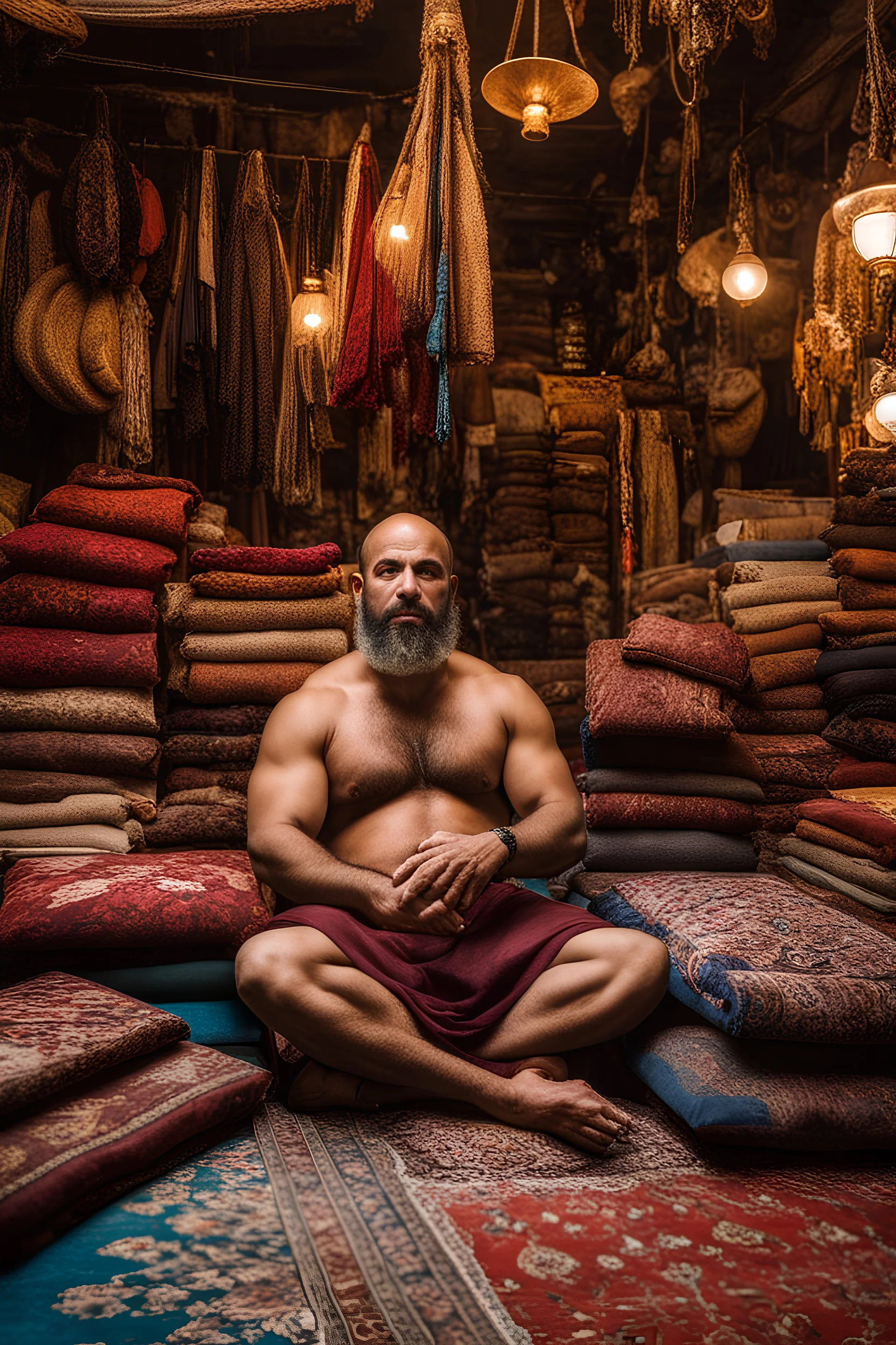 half figure photography of a burly beefy muscular strong 39-year-old arab in Istanbul bazaar, ajar mouth, shirtless, short beard, bald, selling carpets sitting on a pile of carpets, biig shoulders, manly chest, very hairy, side light, view from the ground